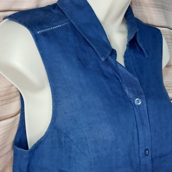 Eddie Bauer shirt linen sleeveless collar button up crochet detail navy blue SP - Picture 2 of 10